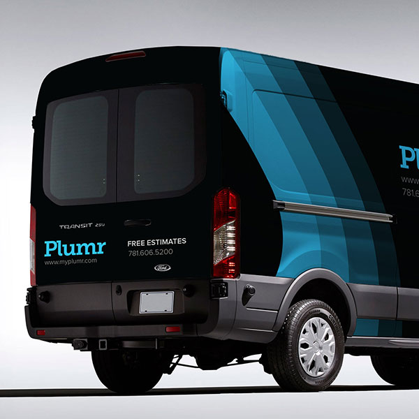 Plumr vehicle wrap design showing the rear of their van