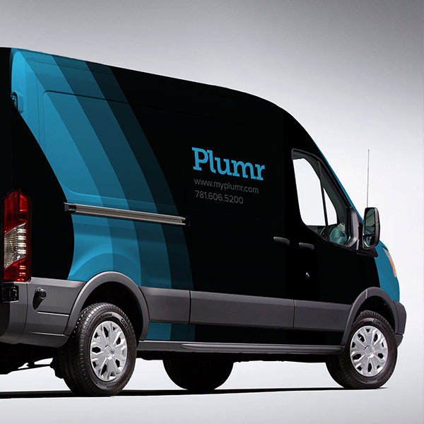 Plumr vehicle wrap design showing the front of their van