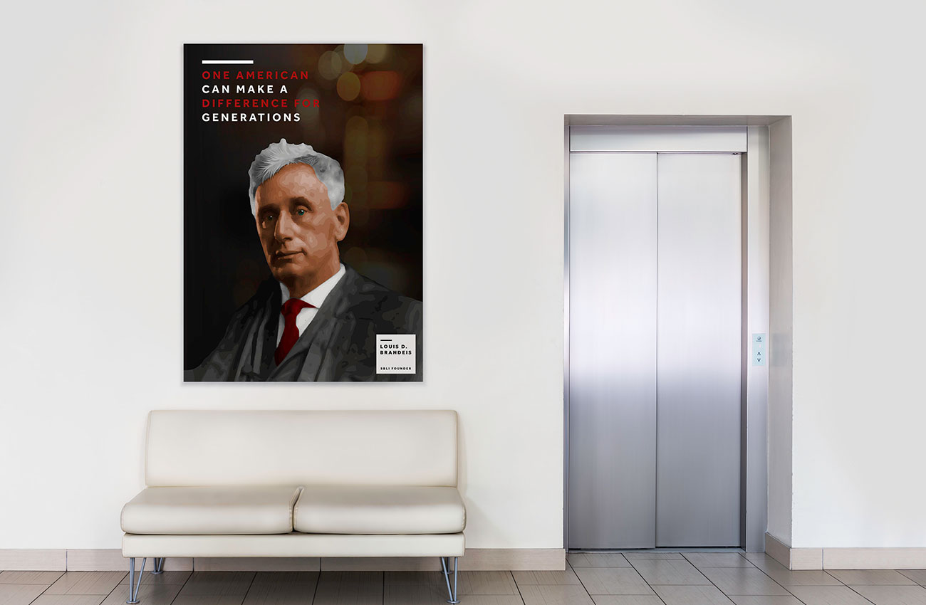 SBLI elevator wrap design featuring Louis Brandeis